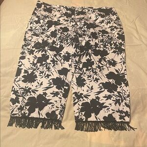 Elegant Black and White Floral Capris with Fringe